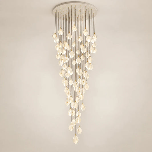 Cascading white petal double-height chandelier on a clean studio background