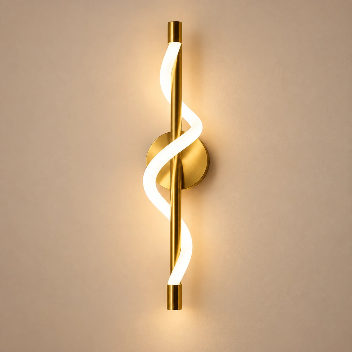 Twisted ribbon linear wall light on a warm neutral background