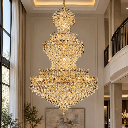 Grand three-layer crystal basket chandelier in a double-height interior