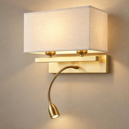 Fabric-shade wall light with flexible reading light on a warm neutral background