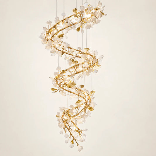 Spiral white leaf double-height chandelier on a clean studio background