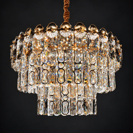 Two-tier crystal drop chandelier on a charcoal studio background