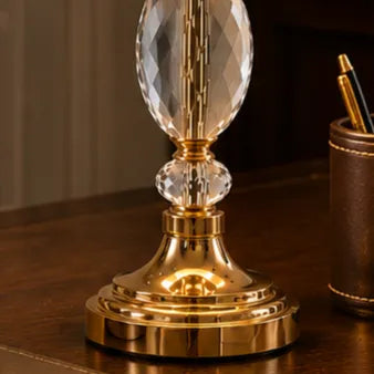 Crystal Globe Table Lamp – Stacked Faceted Crystal with Antique Brass Base & Linen Shade - Bliss and Birch