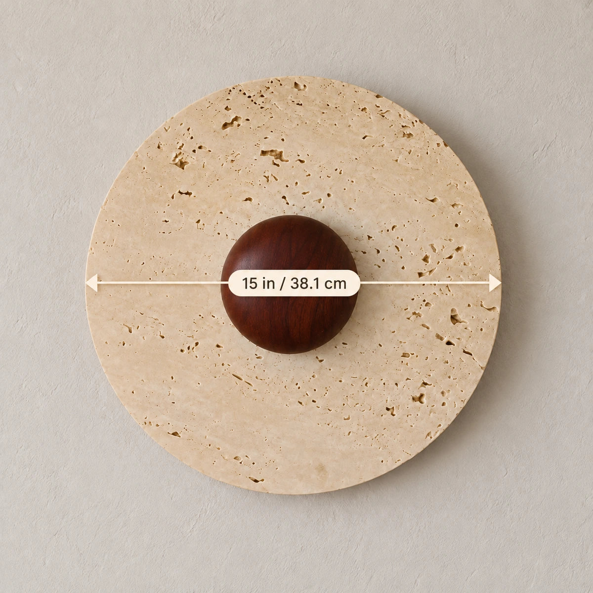 Travertine Orbis Plain — supplier-stated 15 in / 38.1 cm diameter on an illustrative product image