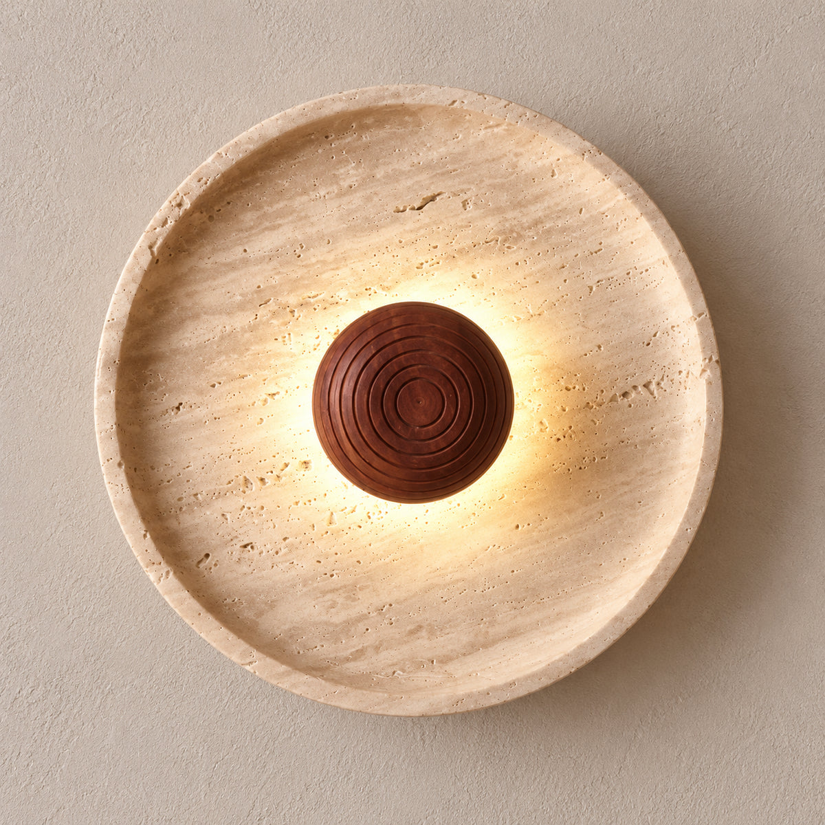 Travis Curv travertine wall lamp with a small grooved Sheesham wood centre — illustrative product image