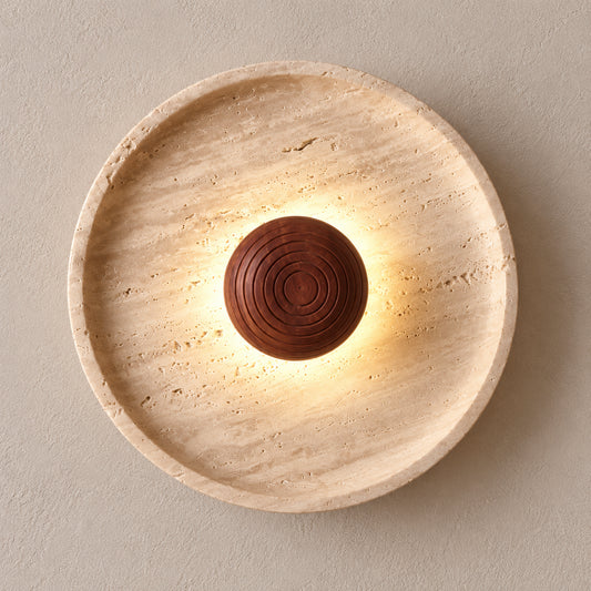 Travis Curv travertine wall lamp with a small grooved Sheesham wood centre — illustrative product image