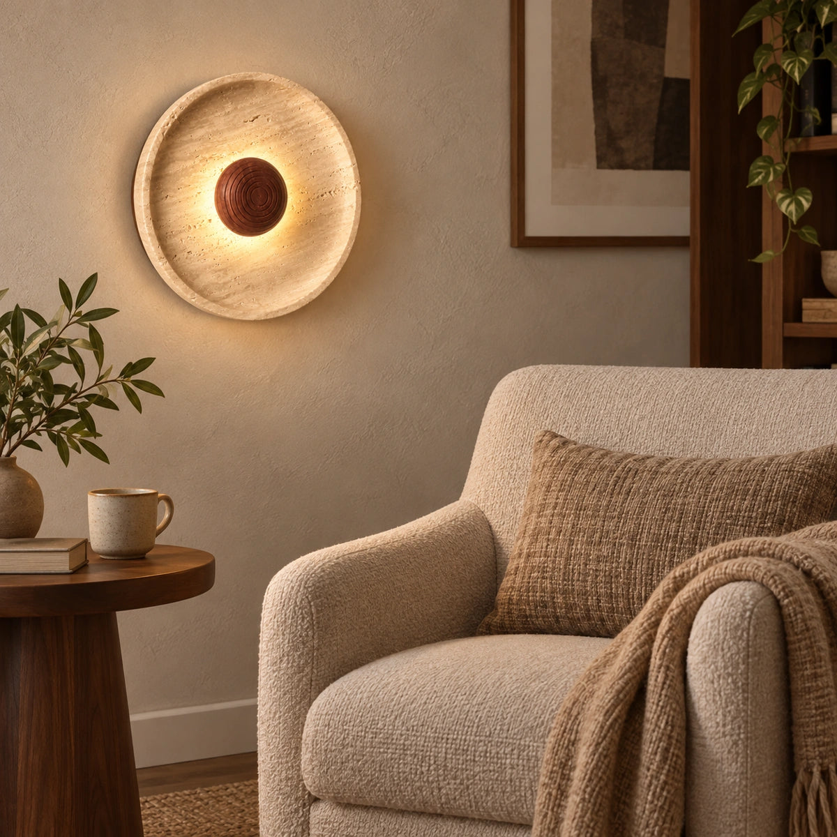 Travis Curv wall lamp beside a reading chair — illustrative scene, not a measured installation