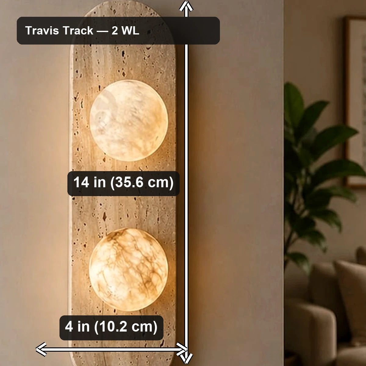 Travis Track Marble Wall Light - Travis Track — 2 WL - verified dimensions marked on real product image