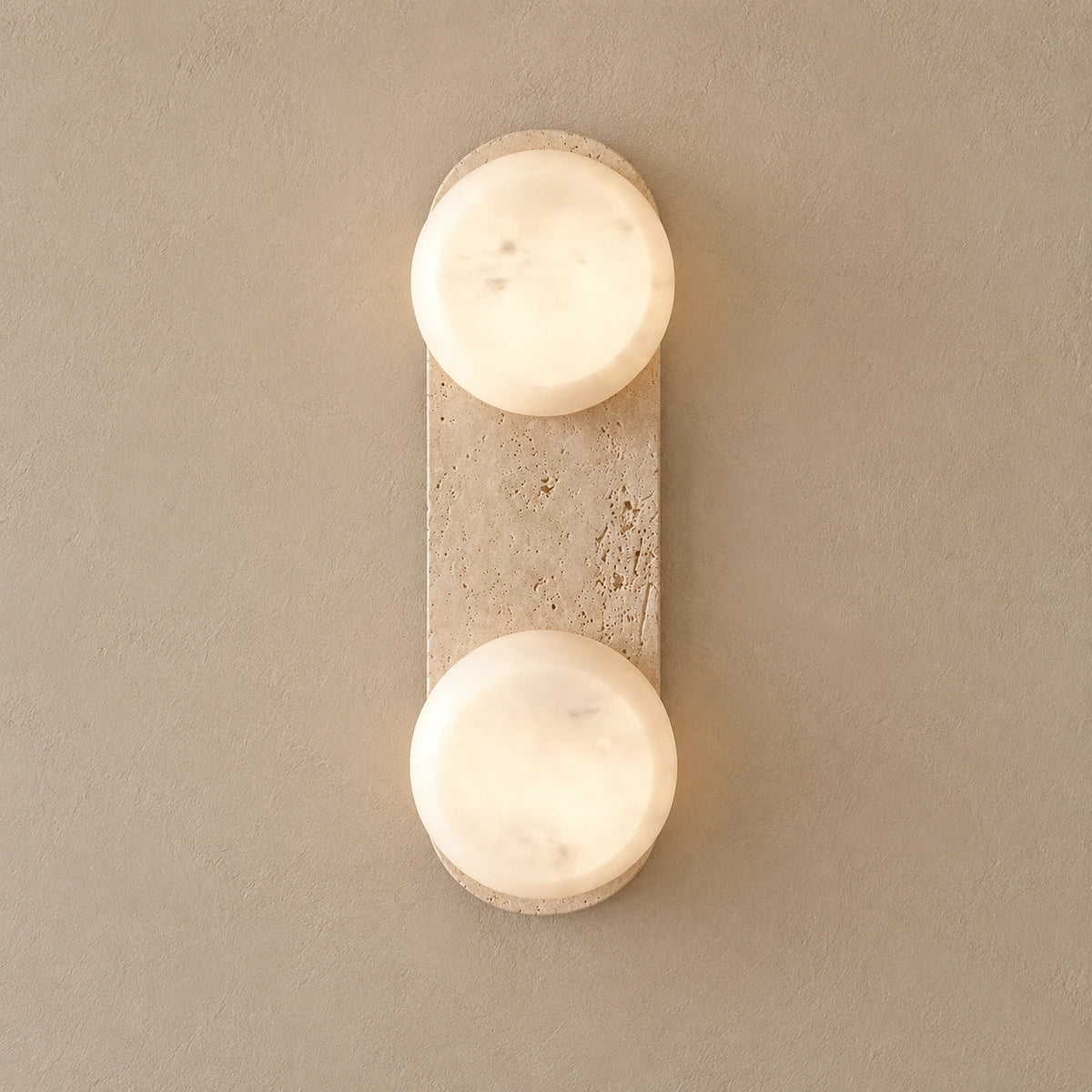 Travis Track 2 Light - generated full-fixture hero in travertine and white translucent stone