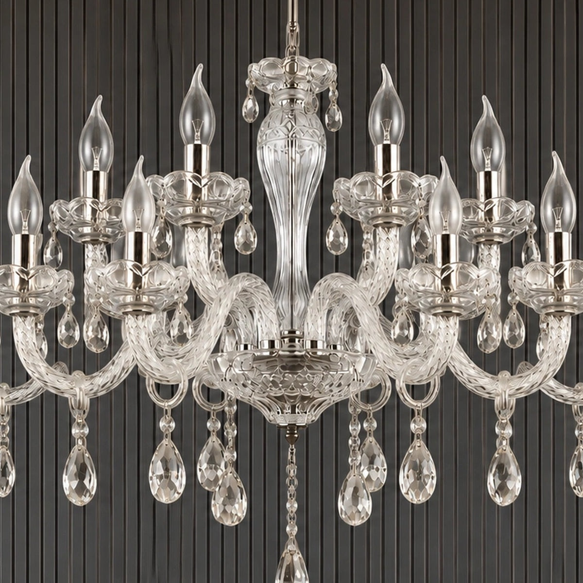 Full fixture detail showing the twelve-light two-tier composition
