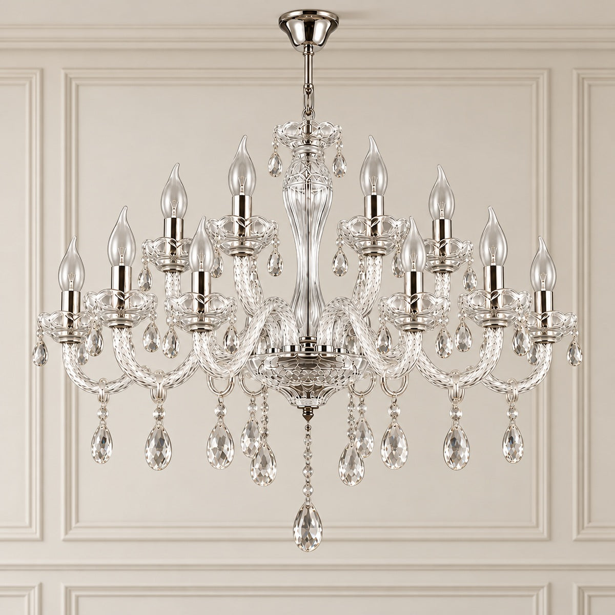 Twelve-light two-tier clear crystal chandelier, full product hero