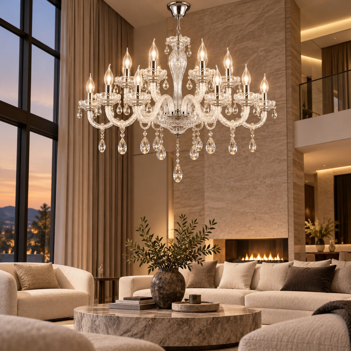 Twelve-light clear crystal chandelier in a double-height living room
