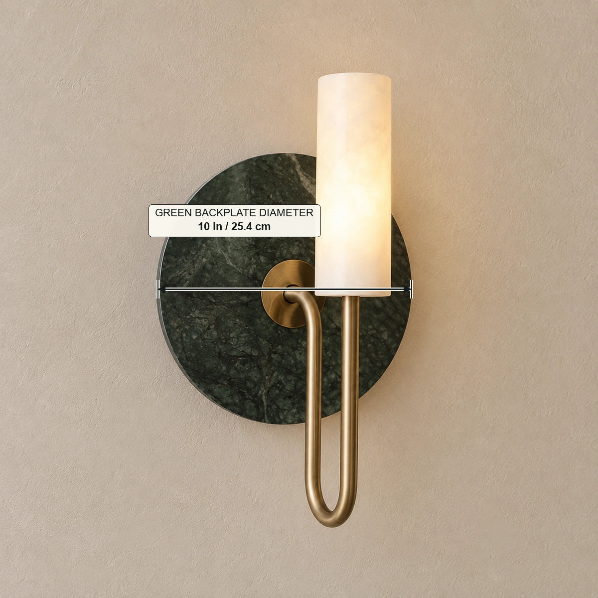 Vesta green marble wall light, generated illustration marking only the round green backplate diameter 10 in / 25.4 cm