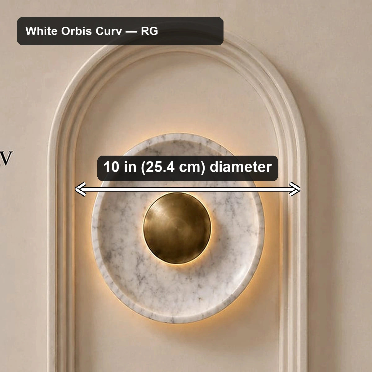 Orbis Curv Marble Wall Light - White Orbis Curv — RG - verified dimensions marked on real product image