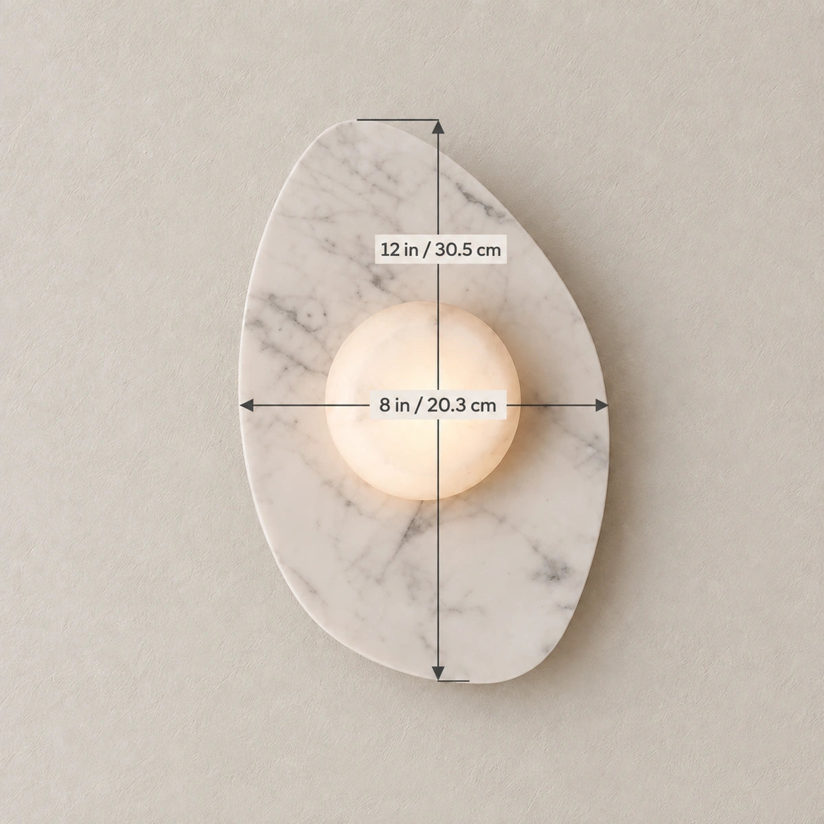 Sloppy Marble Wall Lamp, White / White Stone, generated dimension illustration, 12 in long and 8 in wide