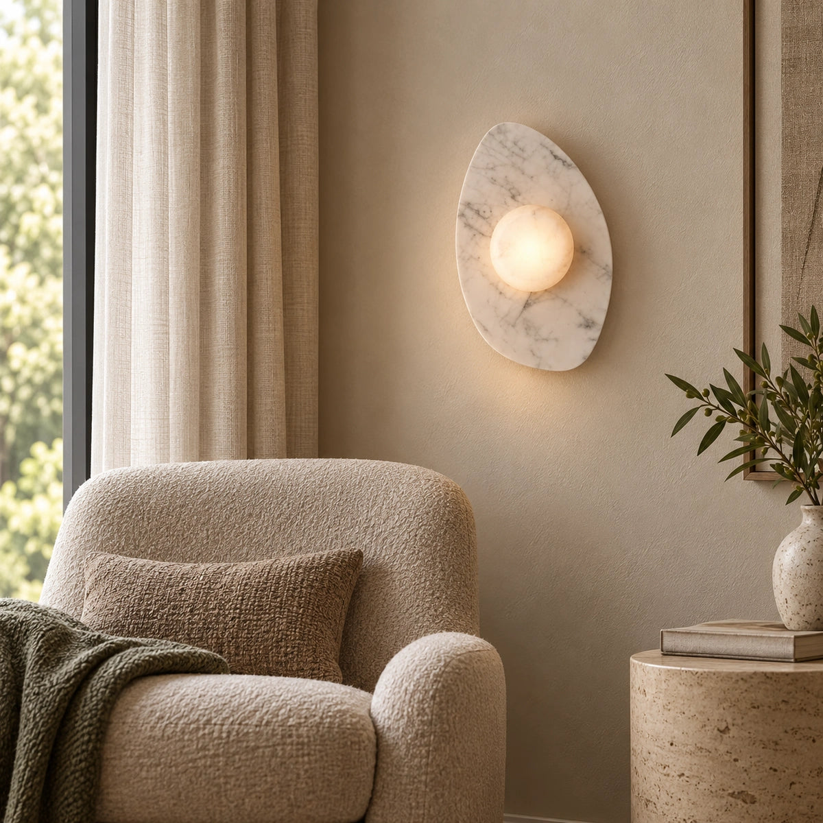 Sloppy Marble Wall Lamp, White / White Stone, generated reading corner lifestyle scene based on real product video